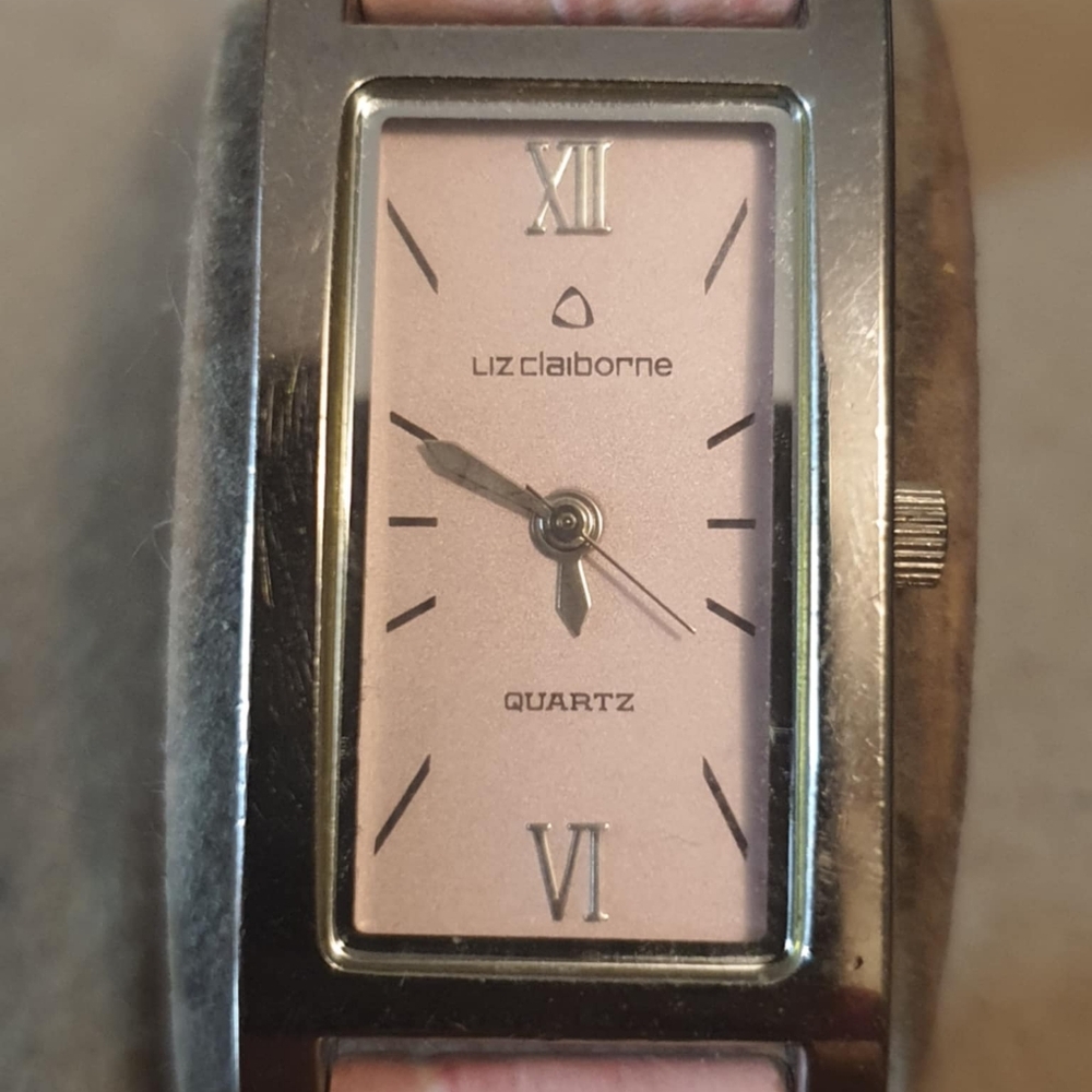 🦋10/$20🦋 Liz Claiborne LC/1031 Silver/Pink Leather Women's Tank Watch